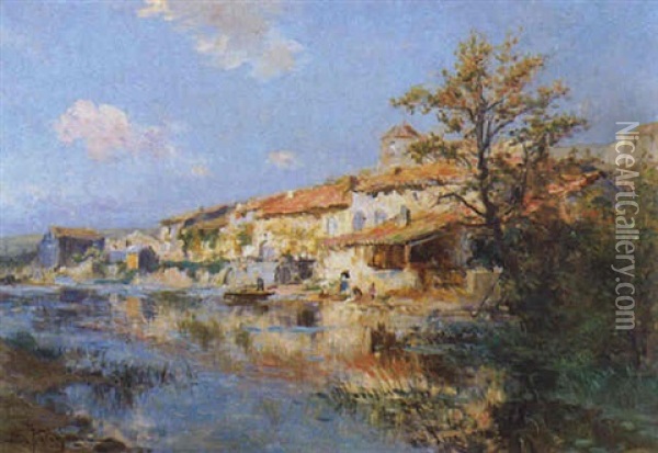 Village Et Lavandieres, Gondrecourt Oil Painting - Edmond Marie Petitjean
