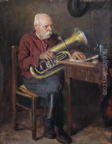 Der Alternde Posaunist Am Tisch Oil Painting - Albert Reich