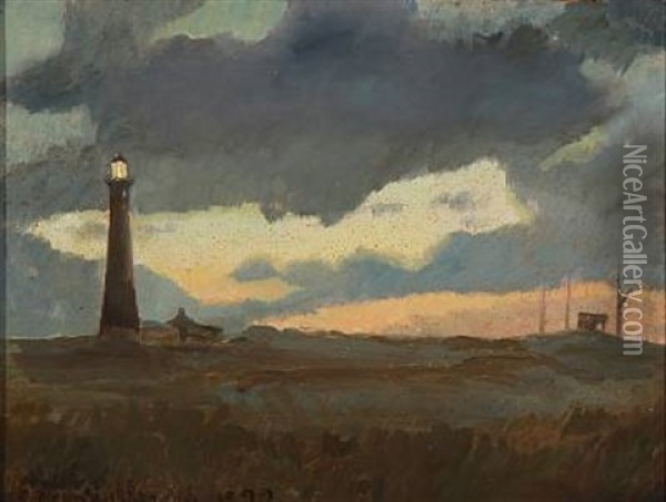 The Lighthouse At Skagen Beach Oil Painting - Carl Ludvig Thilson Locher