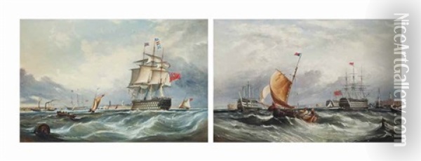 A Three-decker Calling For A Pilot At The Entrance To Portsmouth Harbour, With A Paddle Steamer And Other Shipping Beyond; And Fishermen On A Blustery Day With Prison Hulks And A Three-decker Lying At Anchor In Portsmouth Harbour (pair) Oil Painting - Ebenezer Colls