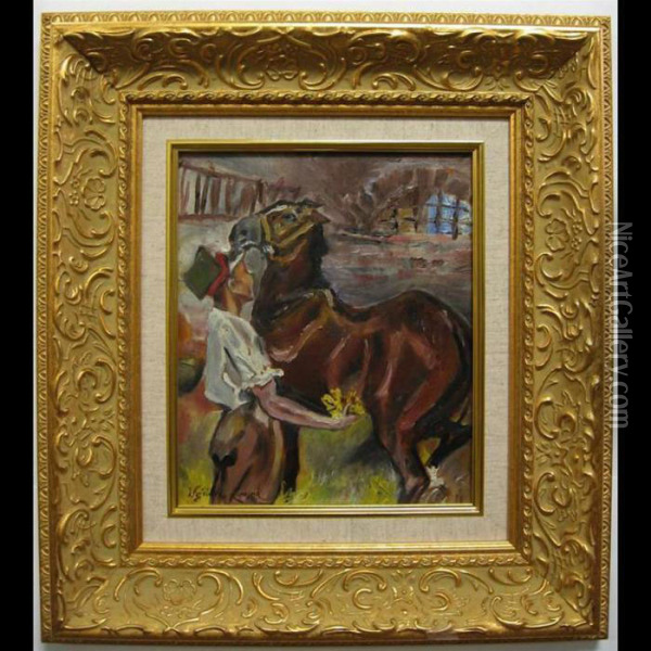 Groom And Horse In Stable Oil Painting - Wojciech Von Kossak