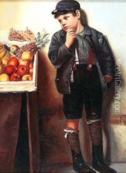 Temptation - Young Boy Standing By A Fruit Stall Oil Painting - William Mulready