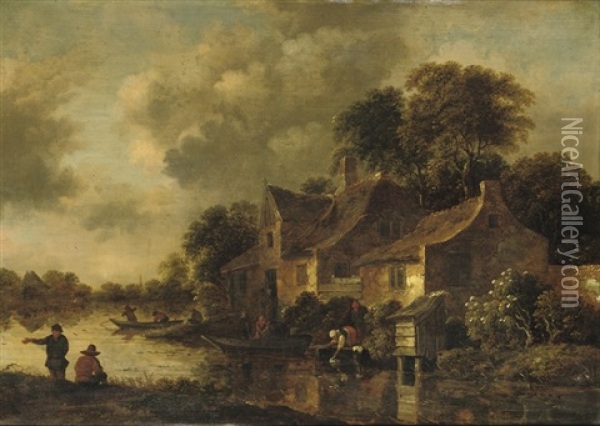A Wooded River Landscape With A Washerwoman And Fishermen Near A Farmsted Oil Painting - Nicolaes Molenaer