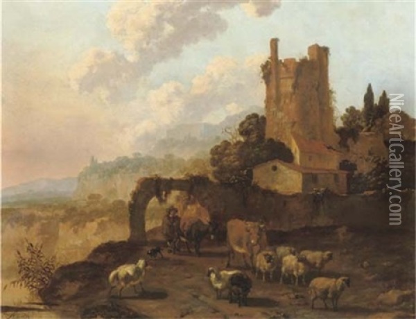 An Italianate Landscape With A Herdsman And His Flock Passing By A Ruined Building Oil Painting - Abraham Jansz. Begeyn