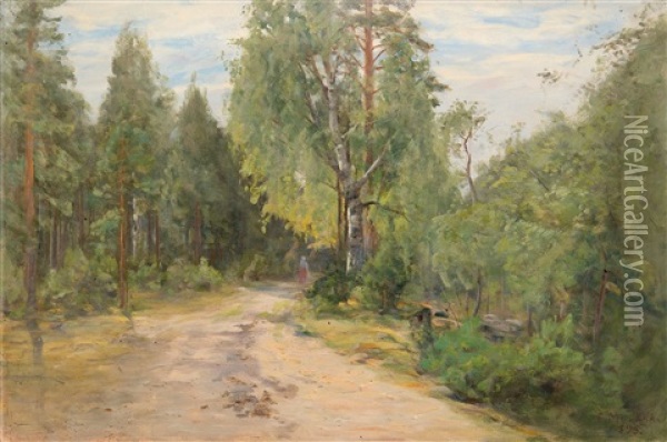 Lady On A Forest Path Oil Painting - Elias Muukka