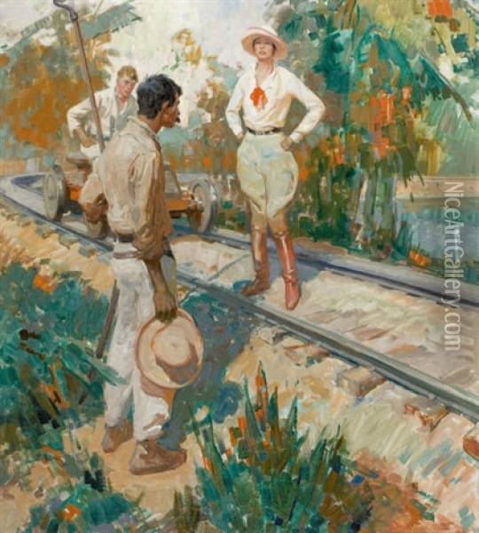 Stopped On The Tracks, Story Illustration Oil Painting - Herbert Morton Stoops