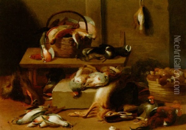 A Kitchen Stil Life With Poultry, Birds, A Hare, A Boar's Head And Mushrooms In A Basket Oil Painting - Jan van Kessel