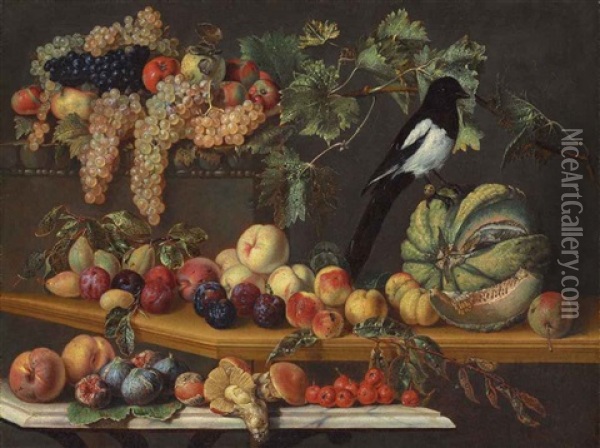 Peaches, Plums And A Melon On A Wooden Table, With A Magpie, Apples, Grapes And Other Fruit In The Background On A Stone Ledge, Ovoli Mushrooms... Oil Painting - Agostino Verrocchi