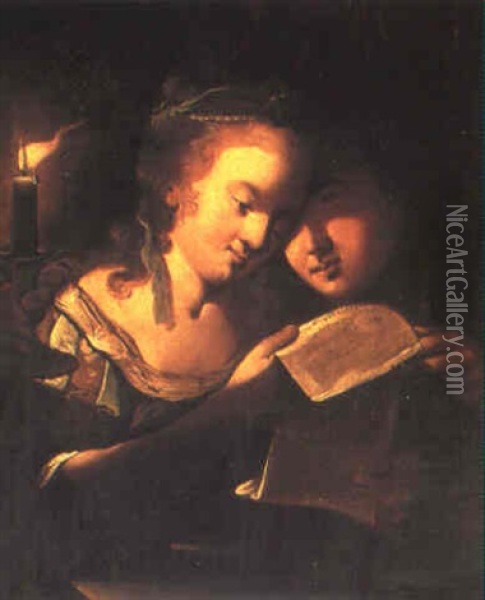 Young Boy And Girl Reading A Letter By Candlelight Oil Painting - Jean Leclerc