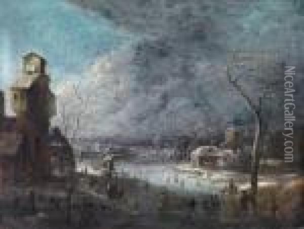 Divertimenti Sul Ghiacchio E Veduta Di Una Torre Cittadina Oil Painting - Robert Griffier