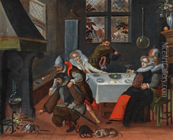 A Guardroom Interior With Mixed Company Oil Painting - Marten van Cleve the Elder