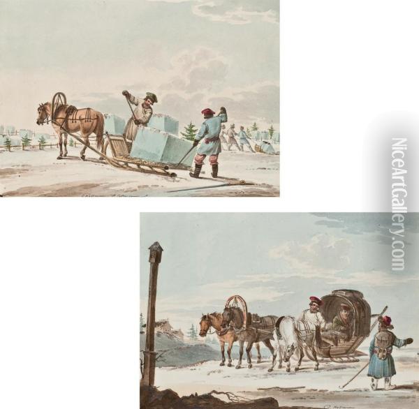 Ice Carriers; And Peasants In A Troika Giving Directions To A Traveller Oil Painting - Carl Ivanovitch Kollmann