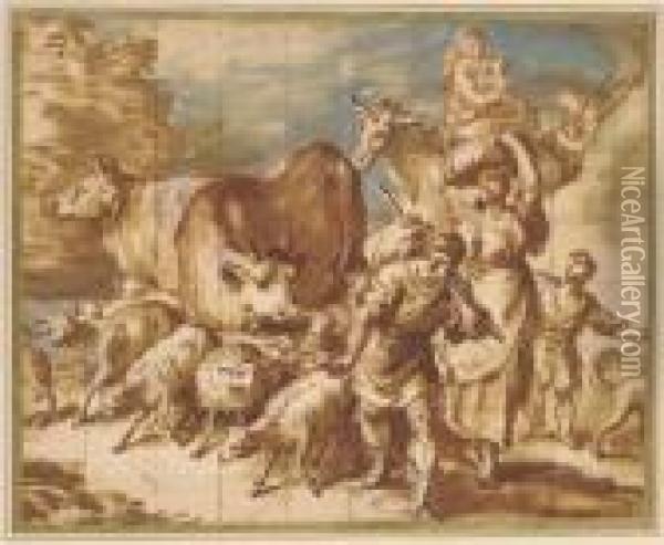 Une Caravane De Figures Et D'animaux Dans Un Paysage Oil Painting - Giovanni Benedetto Castiglione