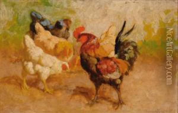 Four Chickens And A Rooster Oil Painting - William Baptiste Baird