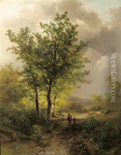 Peasants In A Wood, A Storm In The Distance Oil Painting - Pieter Lodewijk Francisco Kluyver