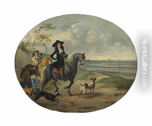 An Elegant Man, Traditionally Identified As Charles Ii, On Horseback With His Hunting Party And Dogs, Westminster And Old Saint Paul's Beyond Oil Painting - Dirk Stoop