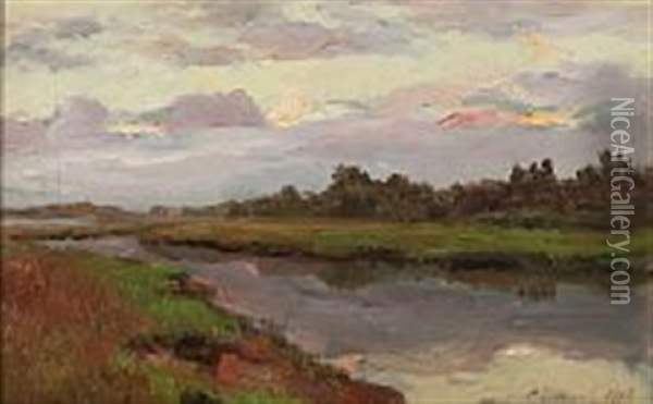 River Landscape At Summer Time Oil Painting - Sergej Simionowitsch Jergornov