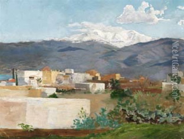 A Village In Front Of Antilibanon And Hermon Oil Painting - Gustav Bauernfeind