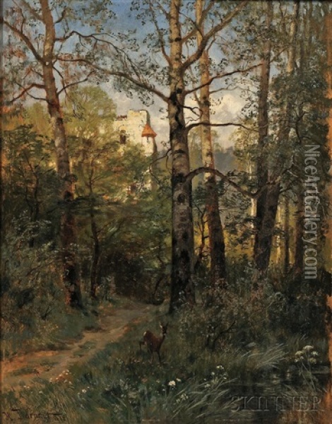 Forest Scene With Deer Oil Painting - Hugo Darnaut