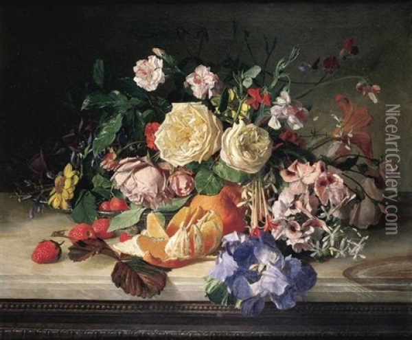 Bouquet De Fleurs Avec Des Oranges Sur Un Entablement Oil Painting - David Emile Joseph de Noter