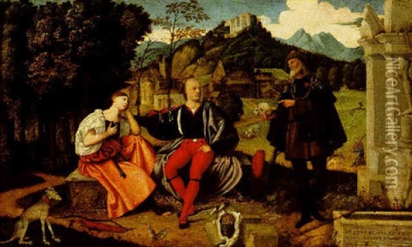 A Pair Of Lovers And A Pilgrim In A Landscape Oil Painting - Domenico di Bernardino Capriolo
