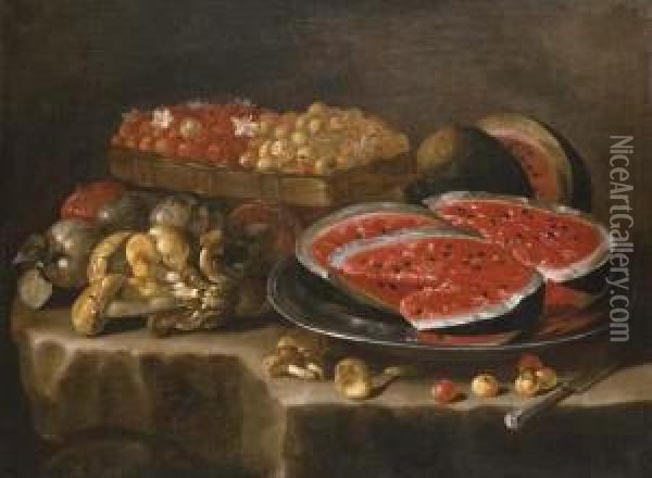 A Still Life Of Watermelon On A Silver Charger, Berries In A Basket Oil Painting - Giuseppe Recco