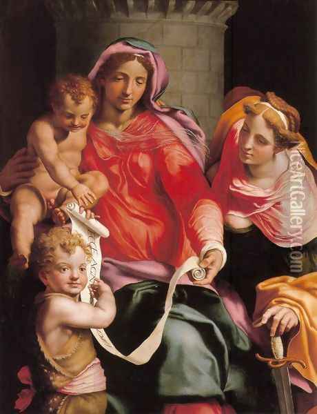 Madonna with Child, Sts Giovannino and Barbara c. 1548 Oil Painting - Daniele da Volterra