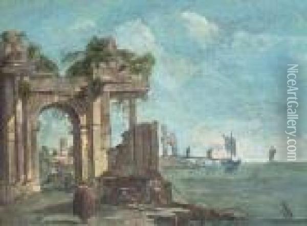 A Capriccio Of A Mediterranean Harbour With Figures Amongstclassical Ruins Oil Painting - Francesco Guardi