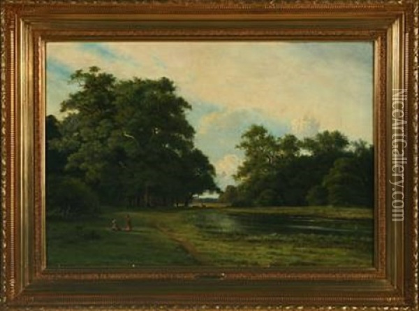 Scenery From Dyrehaven With Girls Playing In The Meadow Oil Painting - Nordahl (Peter Frederik N.) Grove