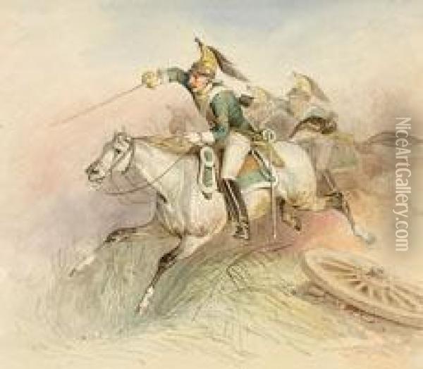 Schlachtenszene Aus Den Napoleonischen Kriegen Mit Angreifenden Franzosischen Dragonern Oil Painting - Adam Albrecht