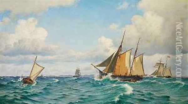 Sejlskibe Pa Havet, I Baggrunden Ses Den Svenske Kyst Oil Painting - Christian Blache