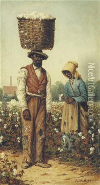 Couple In Cotton Field, Woman With Yellow Bonnet Oil Painting - William Aiken Walker