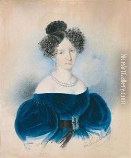 A Portrait Of Alady In A Blue Dress Oil Painting - Leopold Steinrucker