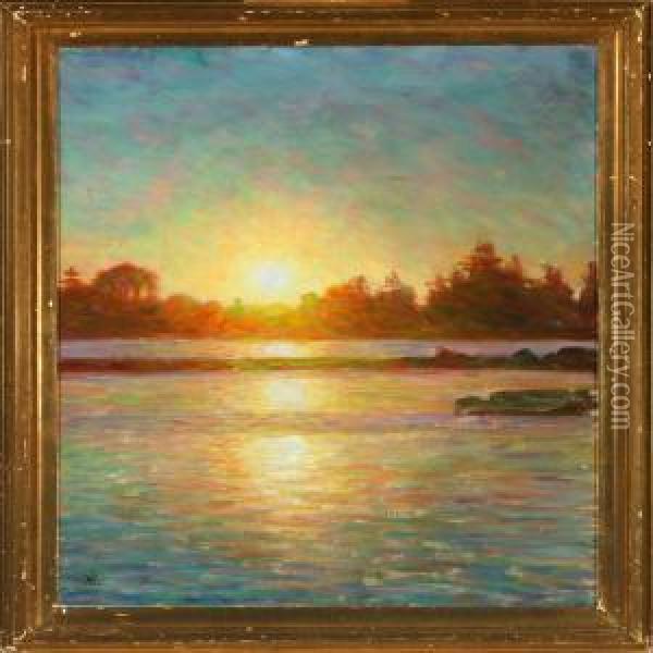 Sunset Over Lake Oil Painting - Henrik Gamst Jespersen