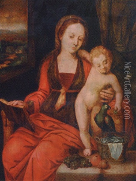 The Madonna And Child With A Parakeet Oil Painting - Jan Sanders (Jan van) Hemessen