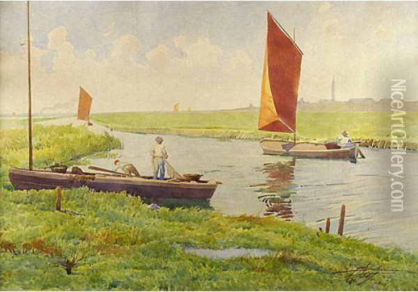 Barche Di Pescatori Nel Canale Oil Painting - Enea Ballarini