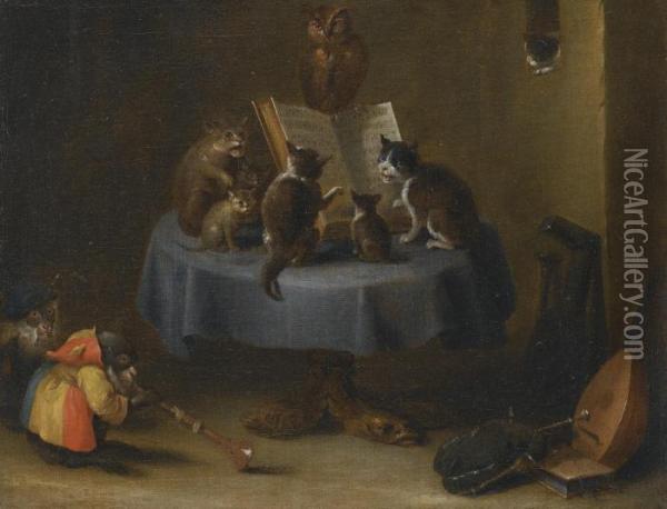 An Interior Scene With Cats, Monkeys And Owls Making Music Oil Painting - David The Younger Teniers