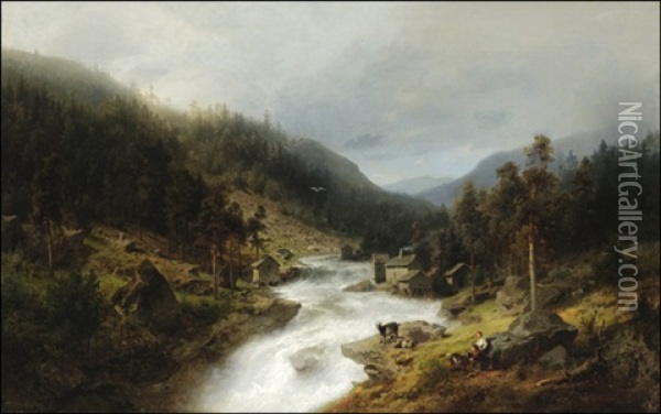 River Mill Falls Oil Painting - Hermann Herzog