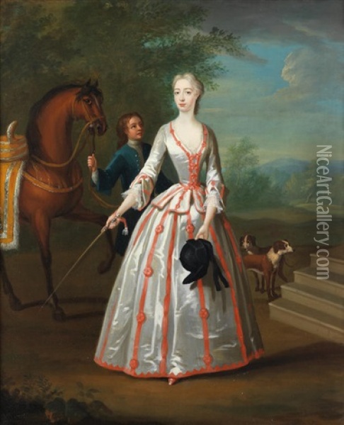 Portrait Of Elizabeth Horton, Full-length, In A Silver And Red Riding Habit, Standing In A Landscape With Her Horse, Dogs And A Groom Oil Painting - William Verelst