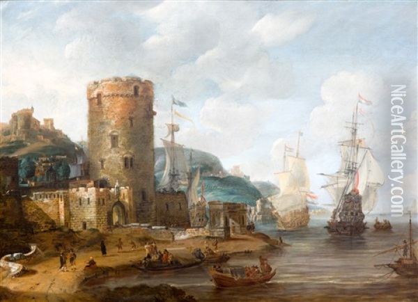 A Capriccio Of A Mediterranean Harbour With Dutch Ships At Anchor And Elegant Figures Embarking A Boat Oil Painting - Jan Abrahamsz. Beerstraten