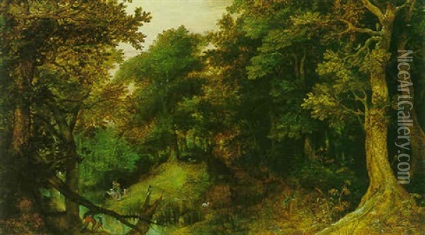 A Wooded Landscape With Hunters By A Forest Lake Oil Painting - Gillis Van Coninxloo III
