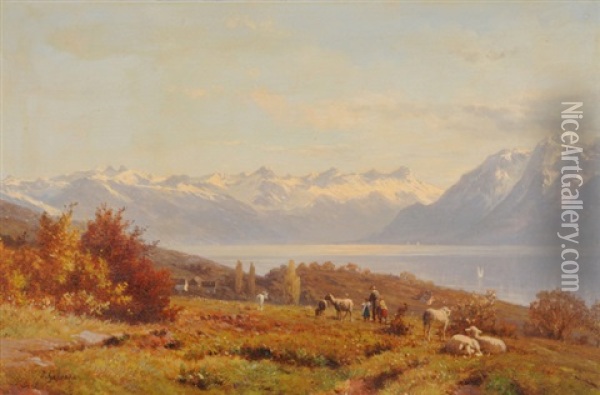 Blick Von Einer Anhohe Auf Den Genfersee Und Das Mont Blanc Massiv Oil Painting - Johann-Joseph Geisser