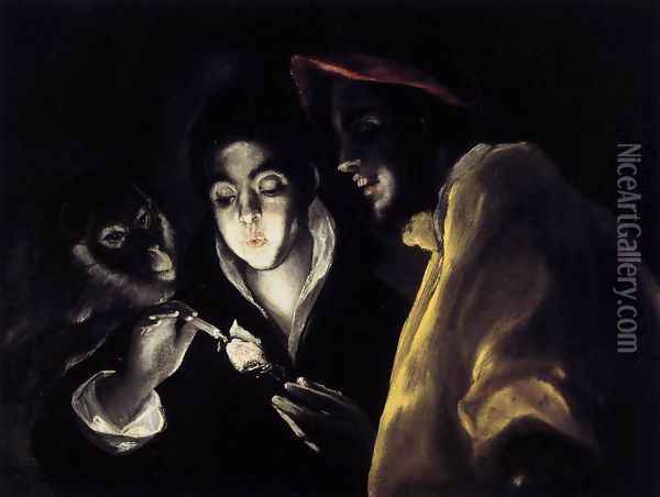 An Allegory with a Boy Lighting a Candle in the Company of an Ape and a Fool (Fábula) 1589-92 Oil Painting - El Greco (Domenikos Theotokopoulos)