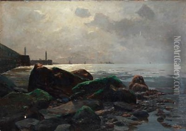 Coastal Scene With A View To A Harbour Oil Painting - Erwin Carl Wilhelm Guenther