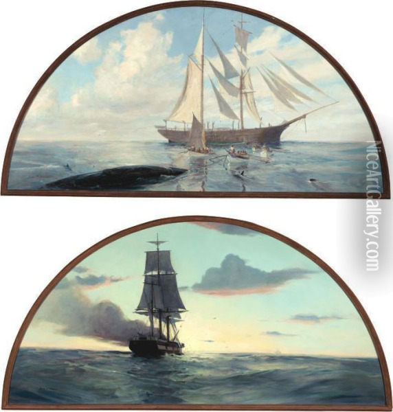 The Whale Hunt: Towing Back And Sailing Home: A Pair Of Paintings Oil Painting - John P. Benson