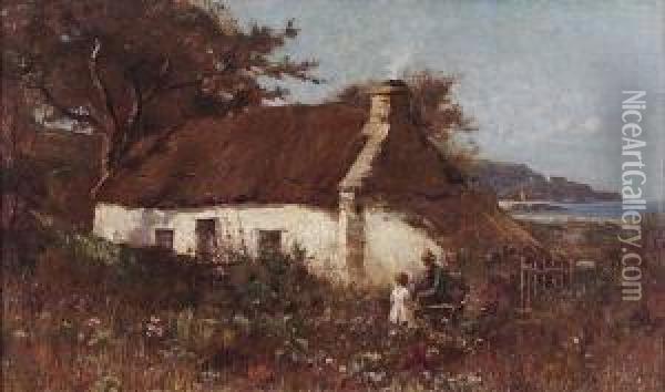 A Thatched Fisherman's Cottage With Old Man And Child In The Garden, Indistinctly Signed Oil Painting - Richard Wane