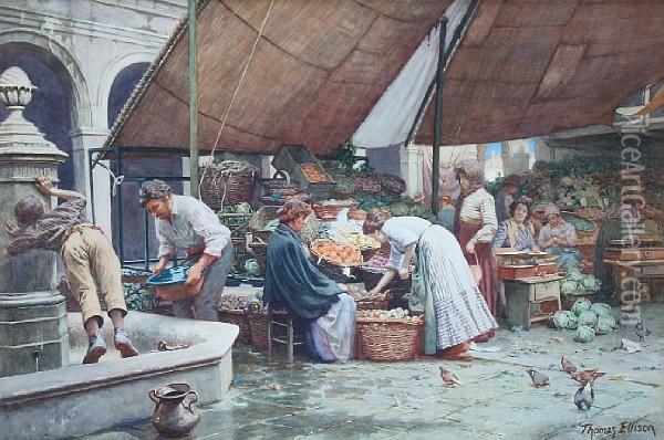 In The Market, Venice Oil Painting - Thomas Ellison