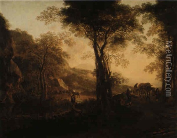An Italianate Landscape With Travellers On A Road Oil Painting - Jan Dirksz. Both