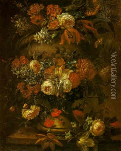 Still Life Of Flowers Decorating An Urn Oil Painting - Jan-Baptiste Bosschaert