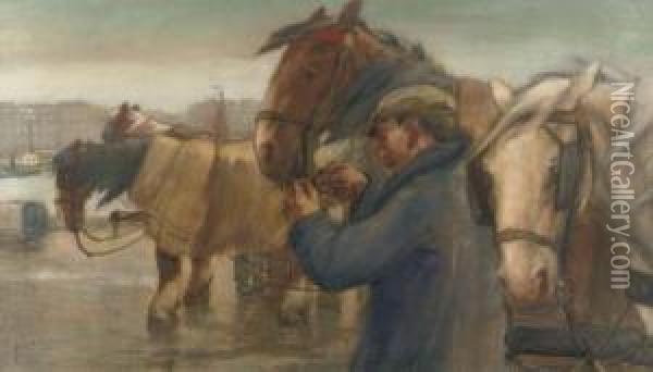 Tending To The Horses On A Rotterdam Quay Oil Painting - August Willem van Voorden